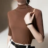 A semi-high neck mesh base layer for women's 2024 new style, solid color, paired with a European-style small shirt for a stylish five-quarter sleeve top details Picture